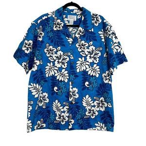 Howie Hawaiian Blue Tropical Men's Shirt Hawaii Made Wooden Button Sz XL